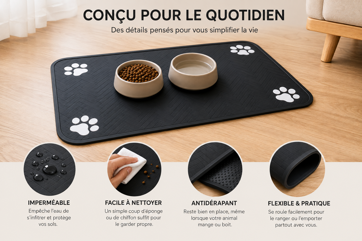 TAPIS DE GAMELLE EN SILICONE ANTIDÉRAPANT ET ANTI-DEBORDEMENT